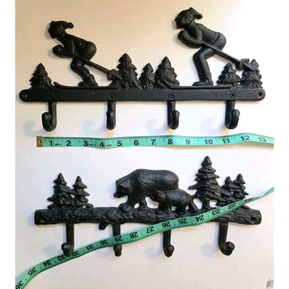 Cast Iron Bear And Skiing Wall Hook Rack Rustic Cabin Lodge Coat Hanger Set Of 2